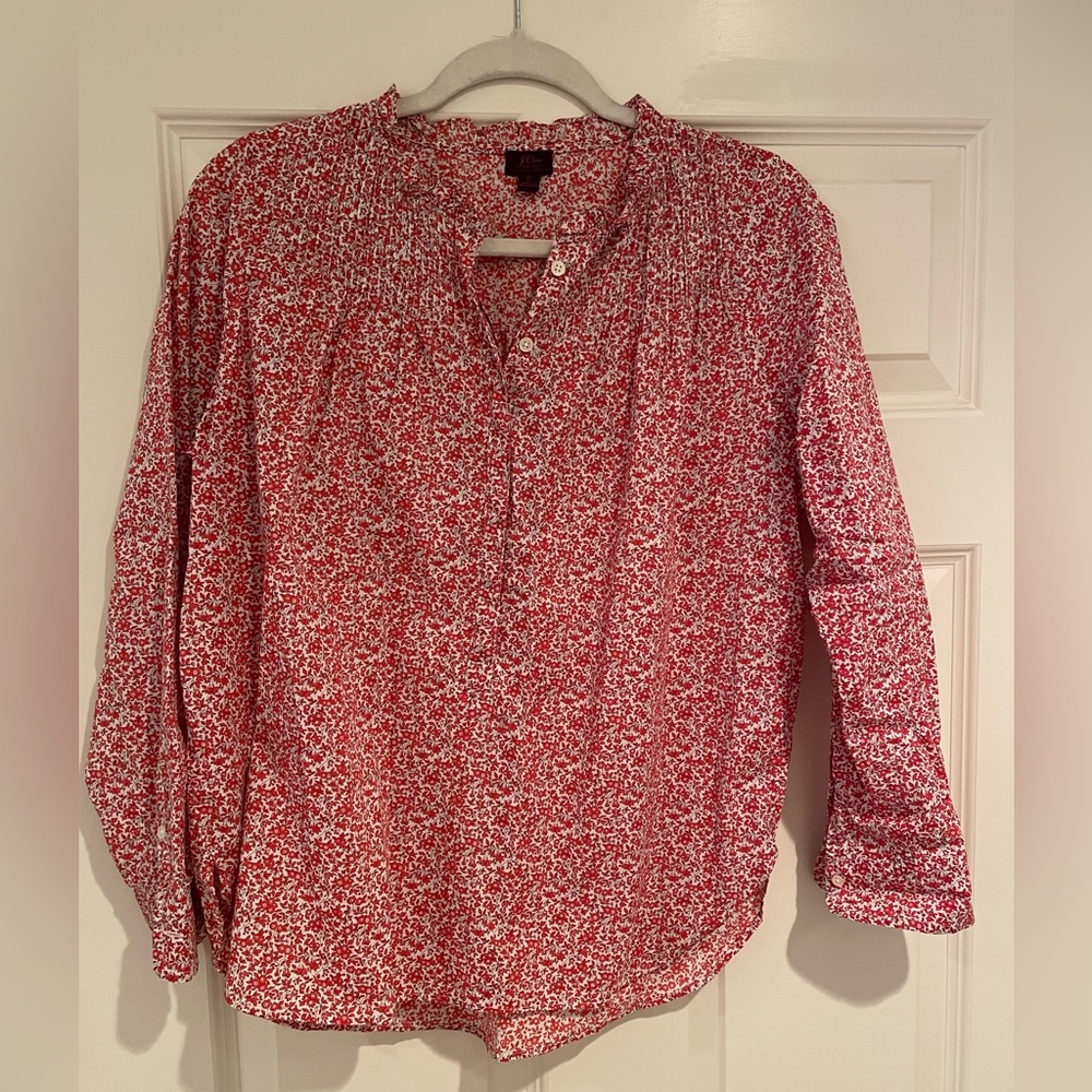Red and White J Crew liberty blouse with ruffle collar.